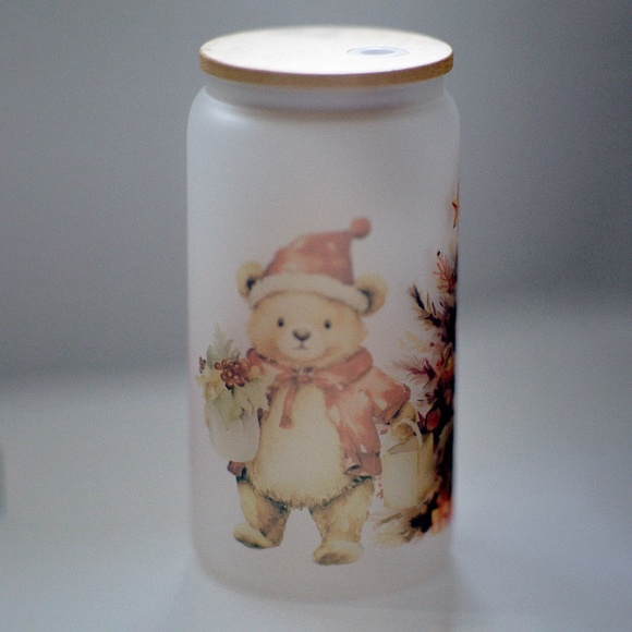 Merry Christmas Glasses cup 16 oz glass cup with Straw & Bamboo Lid. - Picture 5 of 8